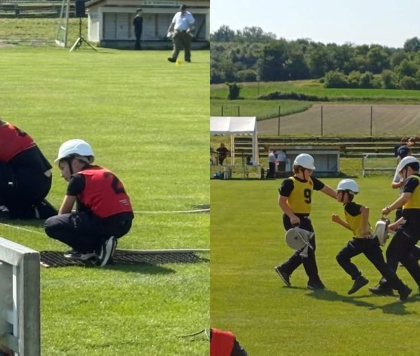 Ein geteiltes Bild von zwei Sportveranstaltungen. Links kniet eine Person auf dem Rasen in einem rot-schwarzen Trikot. Rechts laufen zwei Personen und halten ein Objekt, eine in einem gelb-schwarzen Trikot.