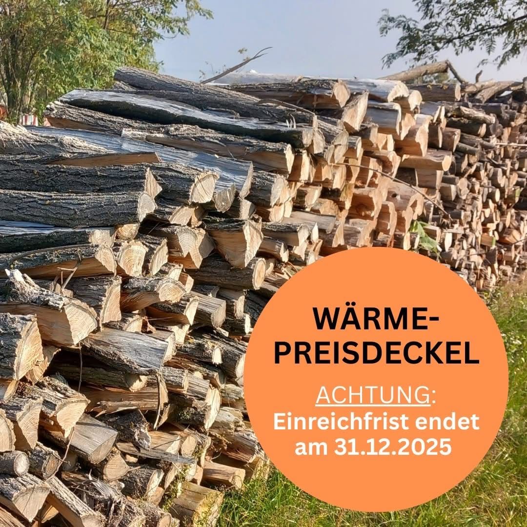 Ein großer Holzstapel ist ordentlich auf einem Grasfeld gestapelt. Ein orangefarbener Kreis überlagert das Bild mit fetter Text, der 'WÄRME-PREISDECKEL' und eine Warnung 'EINREICHFRIST ENDET AM 31.12.2025' liest.