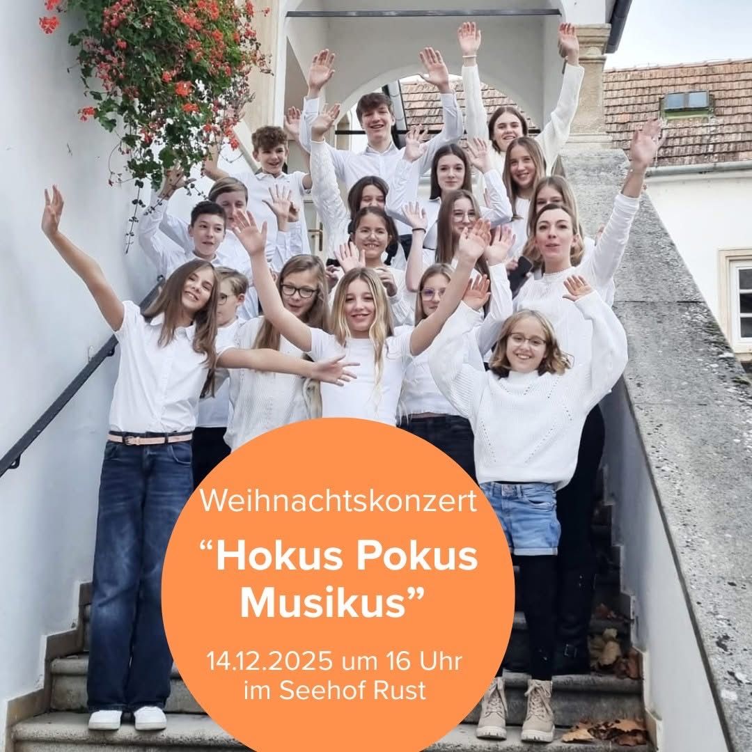 Eine Gruppe lächelnder Teenager in weißen Shirts und Jeans posiert für ein Foto auf einer Treppe mit einer Ankündigung für ein Weihnachtskonzert in deutscher Sprache.