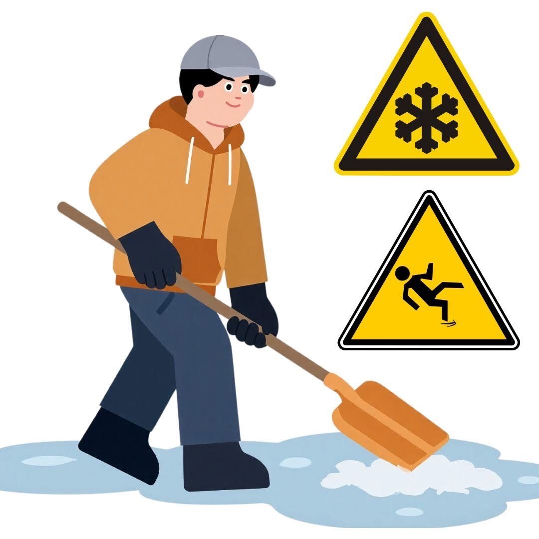 Ein Mann schaufelt Schnee und trägt eine Mütze, Handschuhe und Stiefel. Zwei Warnschilder, eines für Eis und eines für eine rutschende Person, befinden sich neben ihm.