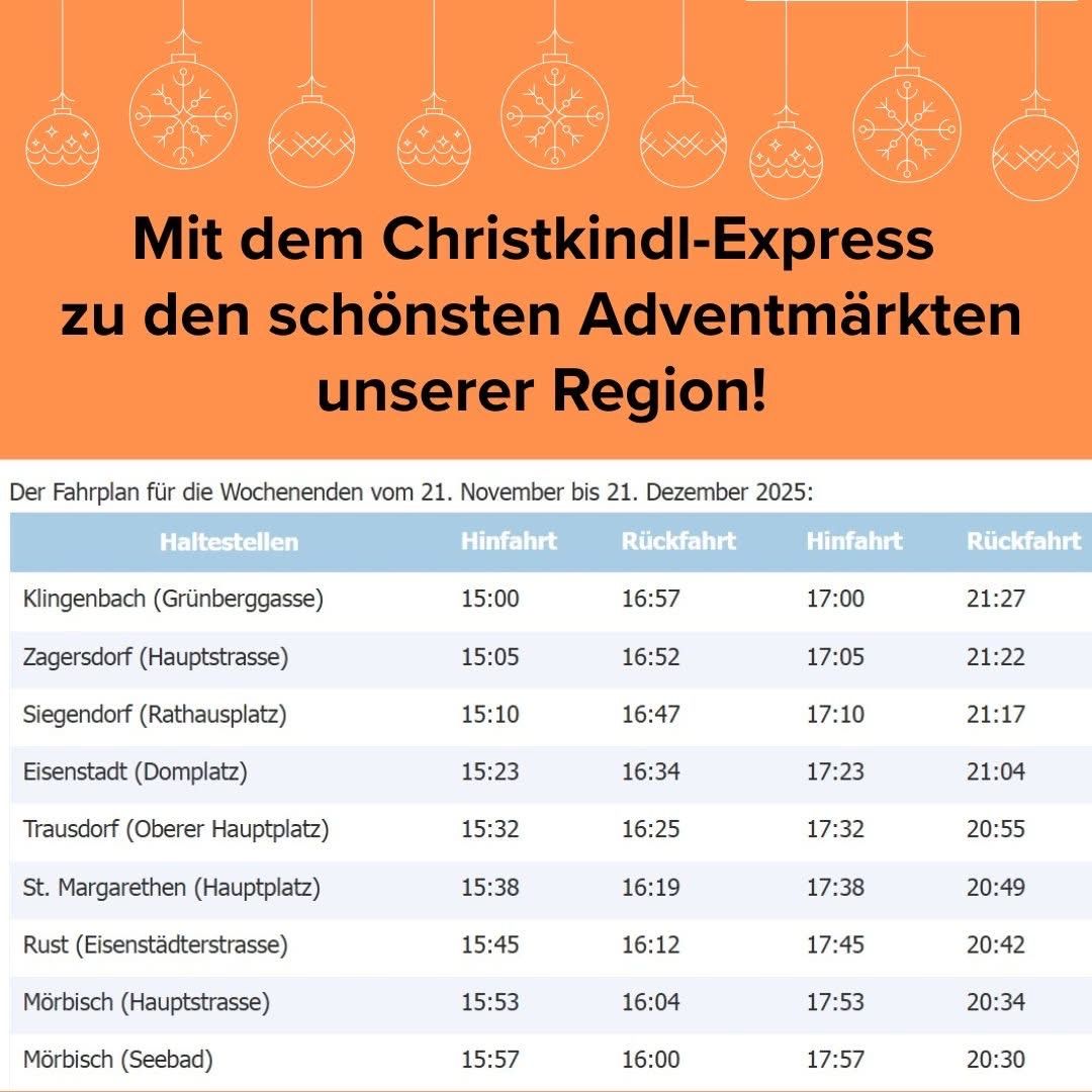 Plakat für den Christkindl-Express Wochenendfahrplan vom 21. November bis 21. Dezember 2025. Es zeigt Abfahrts- und Ankunftszeiten für verschiedene Stationen.