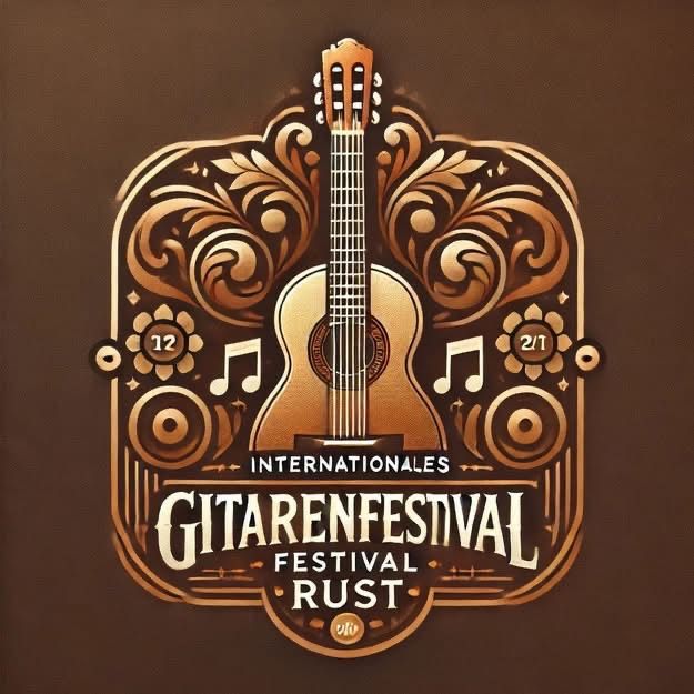 Das Logo des Internationalen Gitarrenfestivals zeigt eine Gitarre mit 'Internationales Gitarrenfestival Rust' darum herum, vor einem braunen Hintergrund mit Noten und den Daten 12/1 und 2/1.