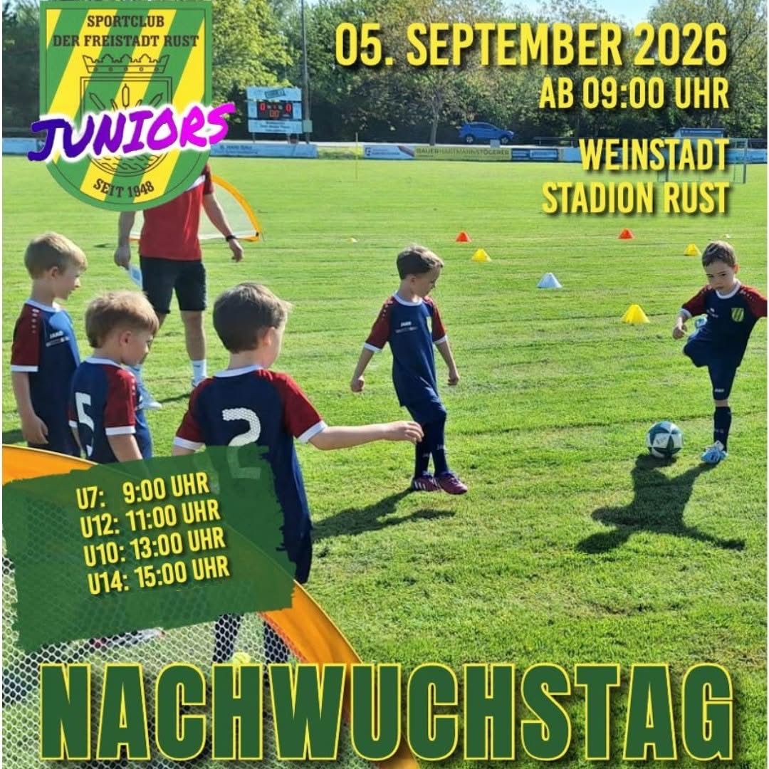 Ein Plakat für ein Fußballevent des Sportclub der Freistadt Rust Juniors am 5. September 2026. Das Plakat zeigt junge Jungen, die auf einem Feld Fußball spielen, mit verschiedenen Altersgruppen und Zeiten aufgeführt.