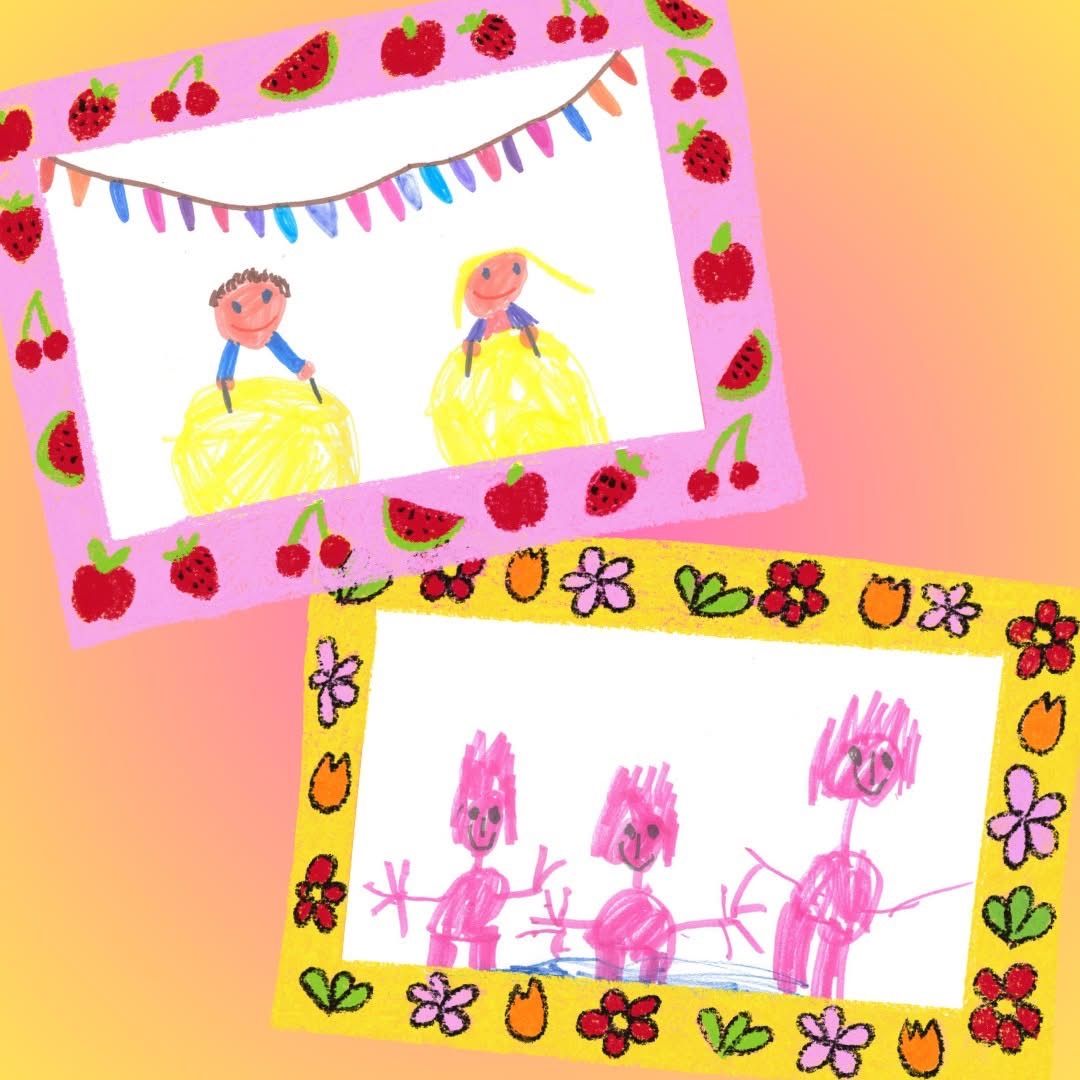 Zwei bunte Rahmen mit Zeichnungen. Der obere Rahmen zeigt einen Jungen und ein Mädchen, die in einem Heuballen sitzen, umgeben von Früchten. Der untere Rahmen zeigt drei Figuren mit rosa Haaren.