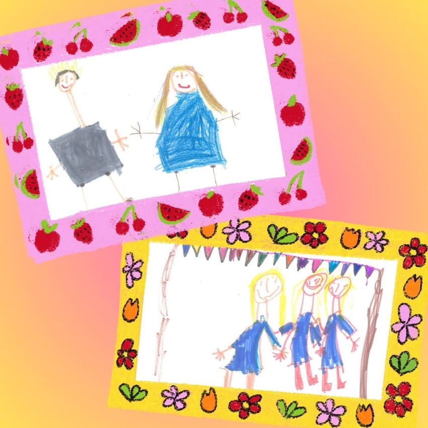 Zwei Zeichnungen, eine mit zwei Kindern, die Händchen halten, und die andere mit drei Mädchen, die Händchen halten. Die Zeichnungen sind mit verschiedenen Früchten und Blumen verziert.