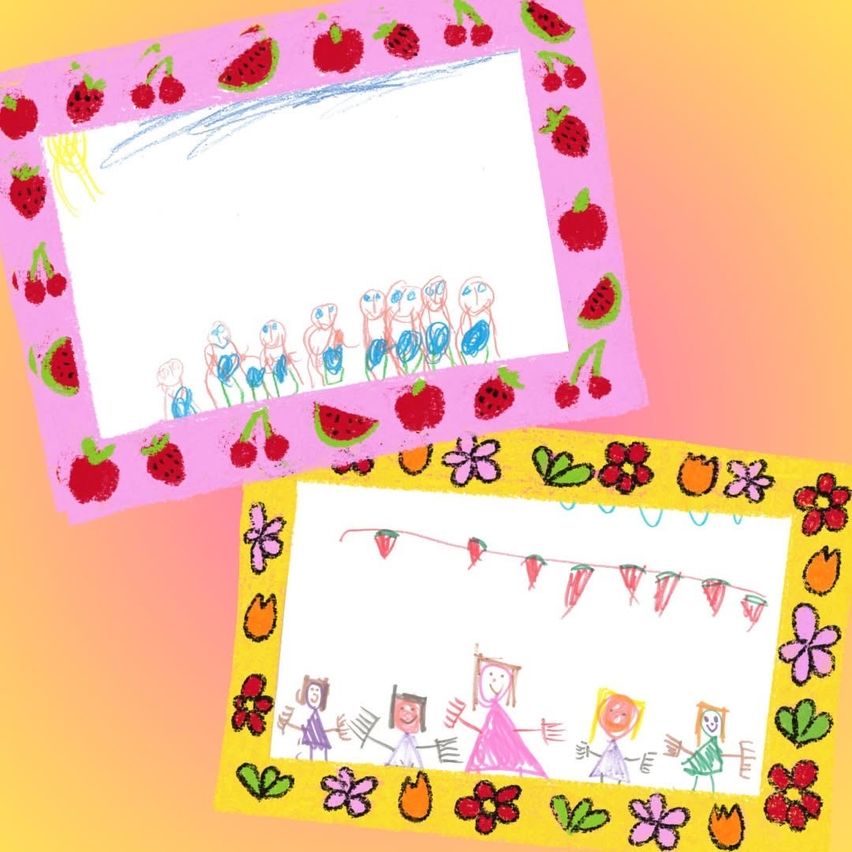 Zwei handgezeichnete Kinderkunstrahmen, einer mit einem rosa Rand, der Erdbeeren, Kirschen und Wassermelonen zeigt, und ein anderer mit einem gelben Rand, der mit Blumen verziert ist. Der rosa Rahmen zeigt eine Reihe von Menschen, die Händchen halten, während der gelbe Rahmen eine Gruppe lächelnder Kinder zeigt.