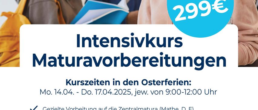 Werbeanzeige für Intensivkurse zur Vorbereitung auf die Zentralprüfungen. Es zeigt eine Gruppe von Studenten mit einer lächelnden Frau und einem Mann mit Brille. Der Text lautet 'Intensivkurs für Zentralprüfungen' und enthält Details zu Kursdauer, Preis und Zeitplan. Außerdem ist ein QR-Code zur Anmeldung enthalten.
