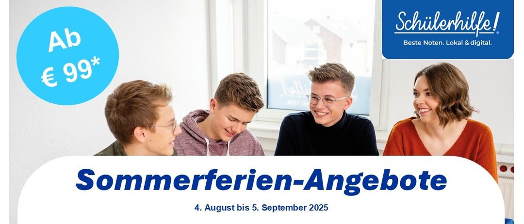 Werbeanzeige für Sommerkurse zur Vorbereitung auf Abschlussprüfungen und Matura. Klassen und Einzelunterricht vom 4. August bis 5. September 2025 angeboten. Detaillierte Informationen zu Kursdauer, Preisen und Anmeldemethoden werden bereitgestellt.