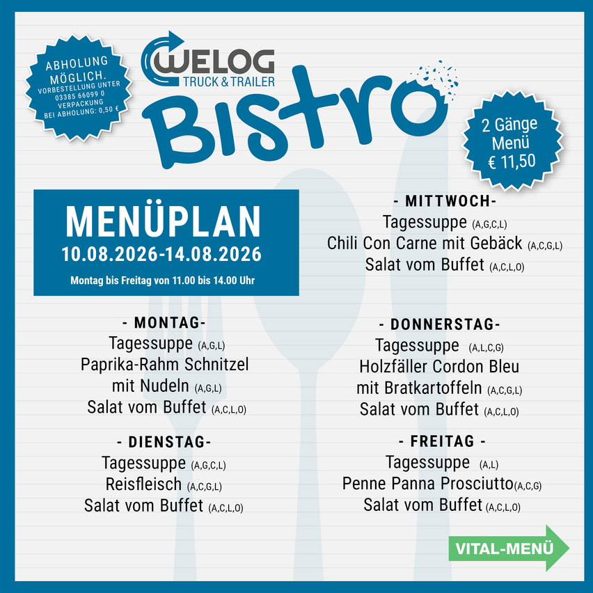 Weekly menu plan for Bistro from August 10th to August 14th, 2026. Includes daily lunch options with various dishes and salad from the buffet.