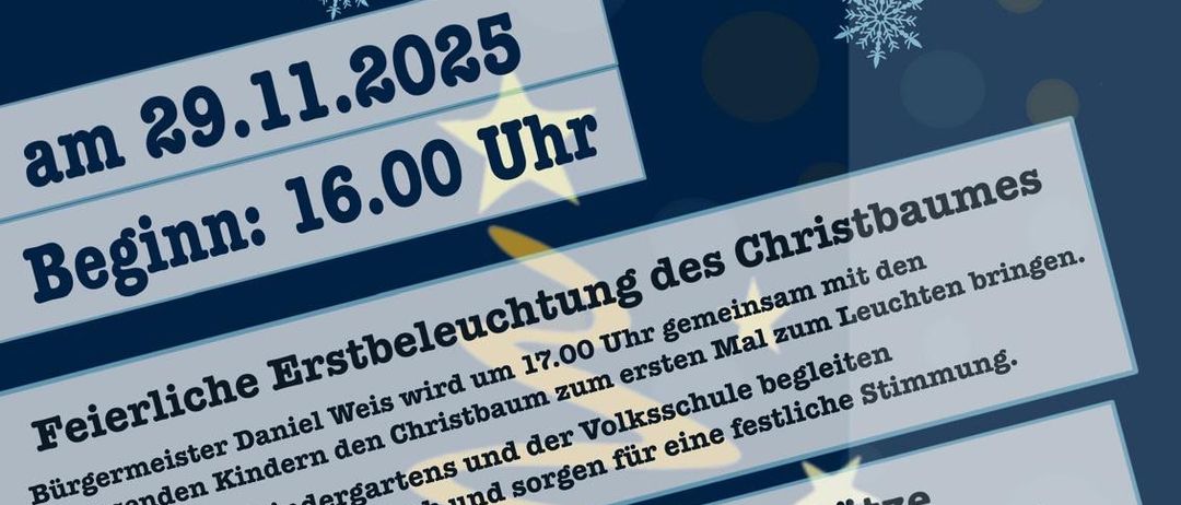 Plakat für Adventabend in Perschling. Geplant für den 29. November 2025 um 16:00 Uhr. Erste Beleuchtungszeremonie um 17:00 Uhr. Kinder aus Kindergärten und Schulen werden den Weihnachtsbaum mit dem Bürgermeister beleuchten. Musikalische Momente und selbstgemachte Produkte werden genossen.