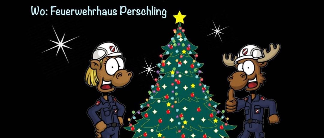 Ein Poster mit zwei Feuerwehrleuten bei einem Weihnachtsbaum lädt Kinder am 24. Dezember 2025 von 09:00 bis 14:00 zur Perschling-Feuerwehr ein. Aktivitäten umfassen Basteln, Spiele, Zeichnen, Filme und Geschenke.