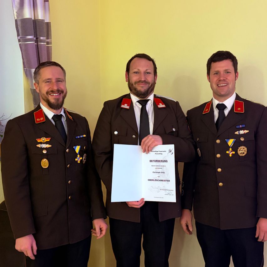 Drei Männer in Militäruniformen stehen nebeneinander. Der Mann in der Mitte hält ein Zertifikat. Sie alle haben Medaillen und lächeln.