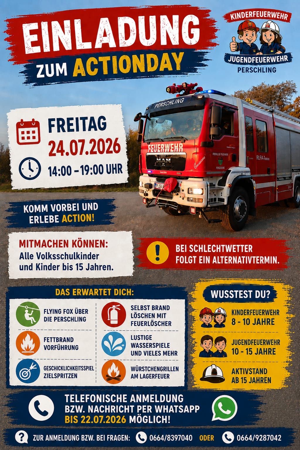 A poster for a firefighting event on Friday, July 24, 2026, from 2 PM to 7 PM. The poster features a fire truck, a calendar icon, and a clock icon. It invites children and youth to join and experience firefighting activities.