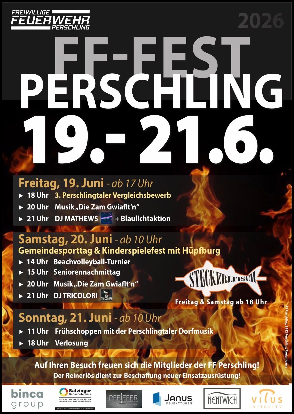 Fest Perschling event scheduled from June 19th to 21st. Friday features a comparison contest at 6 PM, music at 8 PM, and DJ Mathews with a blue light action at 9 PM.