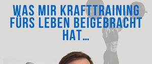 Ein Bild zeigt einen Mann, der nach oben zeigt, mit Text über ihm und einer Einfügung eines Hantels, die über die Vorteile des Krafttrainings für das Leben spricht.