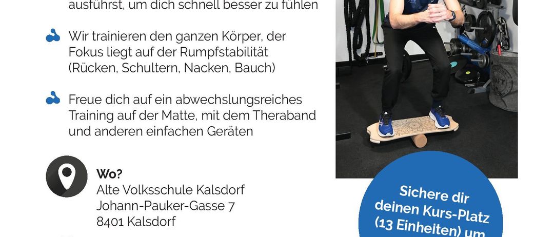 Eine Anzeige für einen Fitness-Gruppenkurs an der Kalsdorfer Volksschule. Ein Mann in Sportkleidung demonstriert Übungen auf einem Skateboard. Der Kurs umfasst 13 Einheiten, kostet 219€ und beginnt am 4. März 2026.