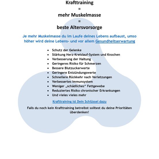 Infografik über die Vorteile von Krafttraining: Muskelmasse, Gelenkschutz, Herzgesundheit, reduziertes Verletzungsrisiko, bessere Blutzuckerwerte, schnellere Erholung, verbessertes Immunsystem, weniger ungesundes Fett, reduziertes Risiko chronischer Erkrankungen und mehr.