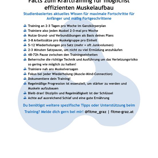 Infografik mit Tipps zum effizienten Muskelaufbau. Training an 2-3 Tagen pro Woche, Training jedes Muskels 2-3 mal pro Woche, Verwendung von Grund- und Verbundübungen, 3-8 Sätze pro Muskelgruppe, 5-12 Wiederholungen pro Satz, 2-3 Minuten Pause zwischen den Sätzen, 48-72 Stunden Pause zwischen den Trainingseinheiten, Verwendung der richtigen Technik, Fokus auf Muskel-Gedanken-Verbindung, Trainingsdokumentation, progressive Überlastung, Disziplin, Schlaf und Ernährung.