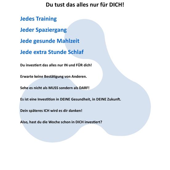 Ein Diagramm betont die Bedeutung der Investition in sich selbst mit Phrasen wie 'Jedes Training', 'Jeder Spaziergang', 'Jede gesunde Mahlzeit' und 'Jede zusätzliche Schlafstunde'. Es betont, dass dies Investitionen in die eigene Gesundheit und Zukunft sind, ohne Bestätigung von außen zu benötigen.
