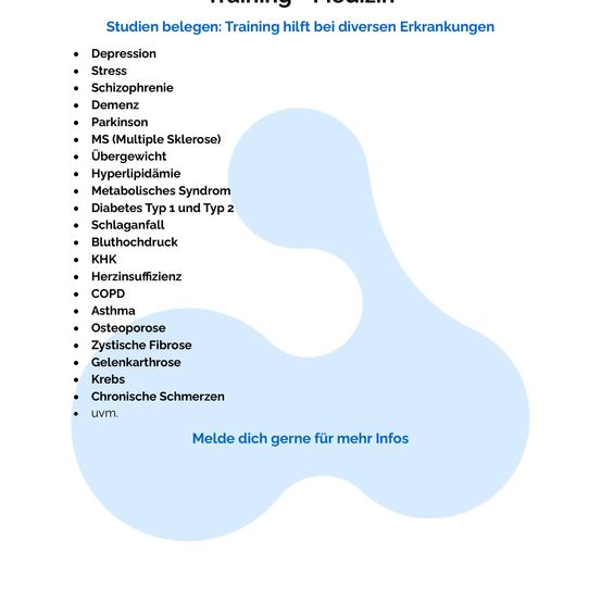 Infografik über Studien, die die Vorteile von Training für verschiedene Krankheiten zeigen, einschließlich Depression, Stress, Schizophrenie, Demenz, Parkinson, MS, Übergewicht, Hyperlipidämie, metabolisches Syndrom, Diabetes, Bluthochdruck, Herzinsuffizienz, COPD, Asthma, Osteoporose, zystische Fibrose, Gelenkarthrose, Krebs, chronische Schmerzen und mehr.