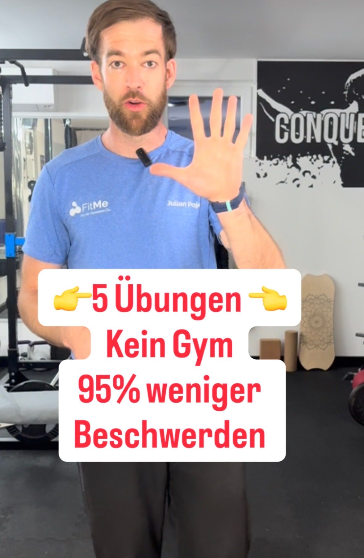 A man in a blue shirt is in a gym, holding up his hand, showing text about 5 exercises and reducing pain by 95%.