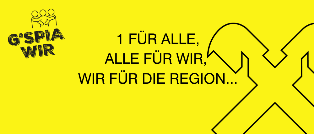 Ein gelbes Poster mit schwarzem Text lautet '1 für alle, alle für wir, wir für die Region...' mit einem Pfeil nach rechts. Über dem Text befindet sich ein Logo von zwei Menschen, die Händchen halten.