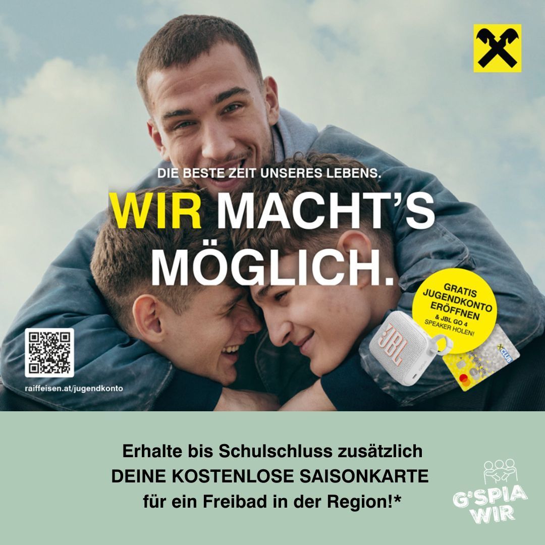 Plakat mit drei jungen Männern, die sich umarmen, lächeln und in die Kamera schauen. Der Text lautet 'Die beste Zeit unseres Lebens. Wir machen es möglich.' Unten befindet sich ein QR-Code und eine gelbe Schaltfläche mit einem weißen Kreuzsymbol.