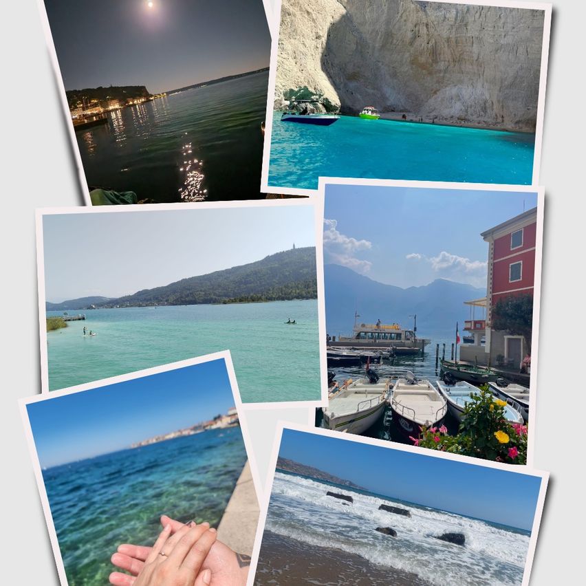 Eine Sammlung von sechs Fotos, die verschiedene Szenen eines Küstengebiets zeigen, darunter eine Mondnacht, eine Bootsfahrt, eine große Felsformation, einen Strand mit Menschen, einen Steg mit Booten und eine Hand mit einem Ring.
