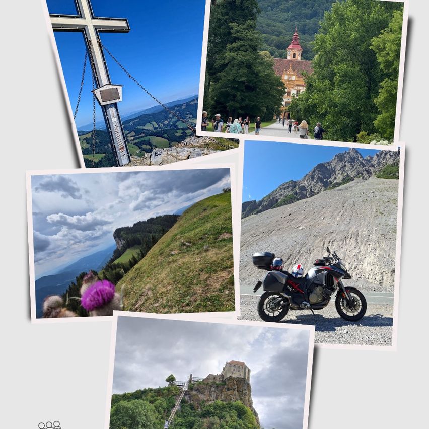 Eine Collage aus sechs Fotos mit einem Kreuz, einem Schloss, Menschen, einem Bergausblick, einem Motorrad und einem Schloss auf einem Hügel.