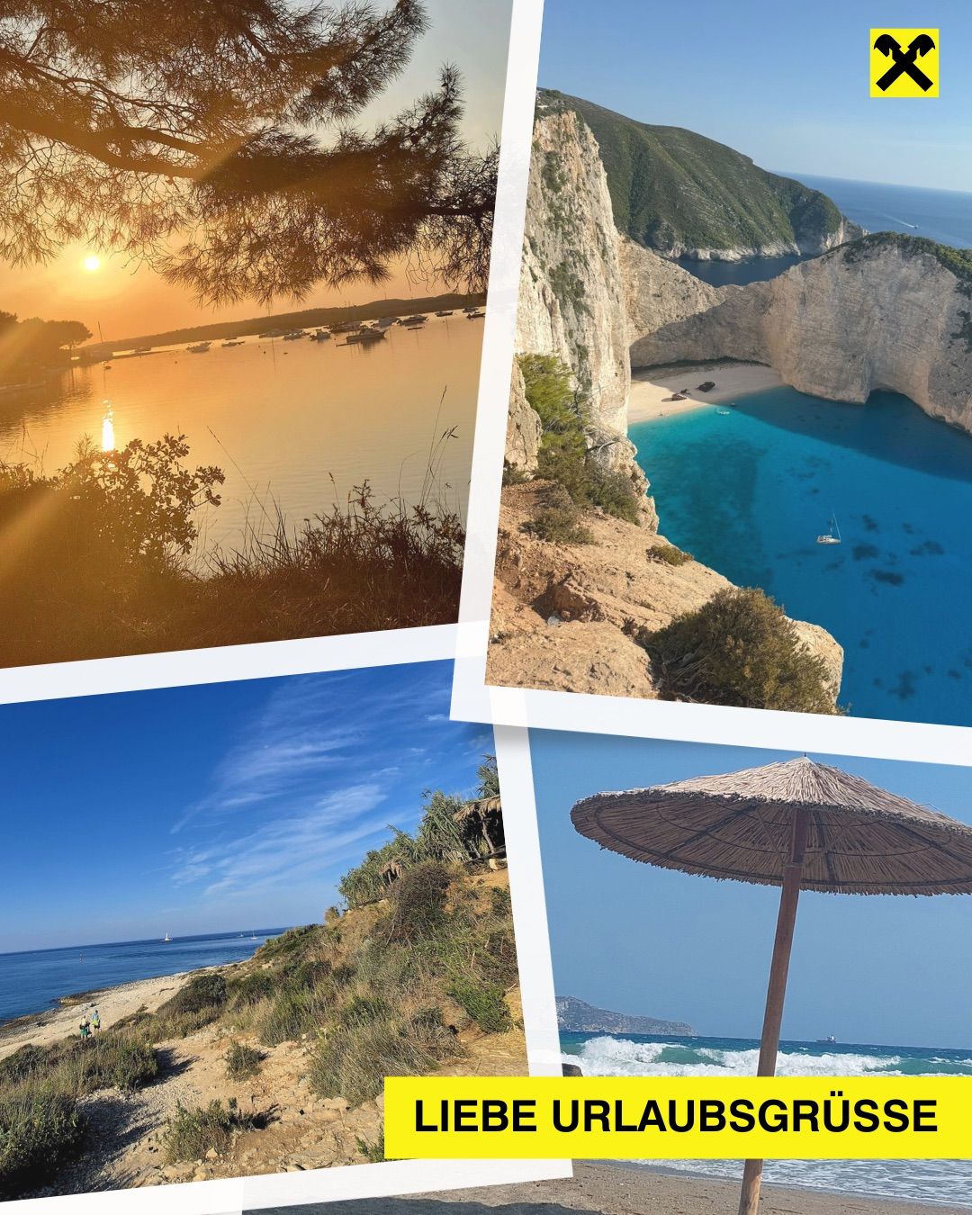 Eine szenische Collage mit einem Sonnenuntergang über einem See, einer dramatischen Klippe mit klarem blauem Meer, einem ruhigen Strand mit einem Boot und einem Strandschirm.