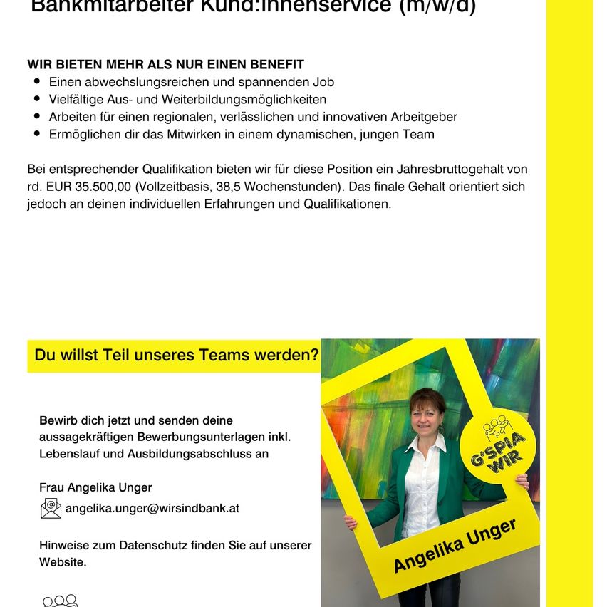 Stellenausschreibung für einen Bankmitarbeiter im Kundenservice mit vielfältigen Vorteilen, Weiterbildungsmöglichkeiten und einem dynamischen Team. Das Jahresgehalt beträgt etwa 35.500 Euro, basierend auf Vollzeitbeschäftigung. Das endgültige Gehalt orientiert sich an individuellen Erfahrungen und Qualifikationen.