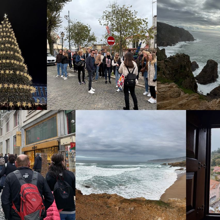 Eine Collage von Bildern, die einen mit Sternen dekorierten Weihnachtsbaum, eine Gruppe von Menschen bei einem Besuch, eine Küstenansicht mit brechenden Wellen, ein Gebäudeaußenbereich und einen Blick aus einem Fenster zeigt.