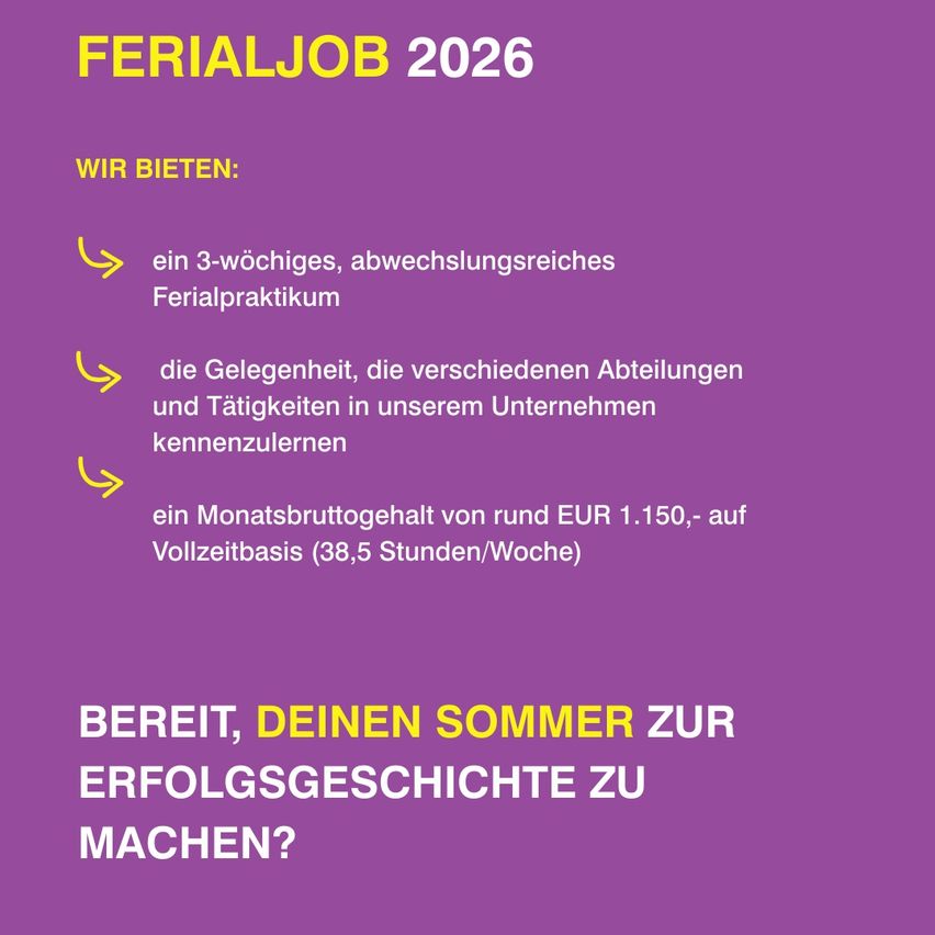 Eine Jobmöglichkeit für 2026 wird vorgestellt, die ein 3-wöchiges Urlaubspraktikum mit Rotation, die Chance, verschiedene Abteilungen und Tätigkeiten kennenzulernen, und ein monatliches Bruttogehalt von rund EUR 1.150 auf Vollzeitbasis bietet.