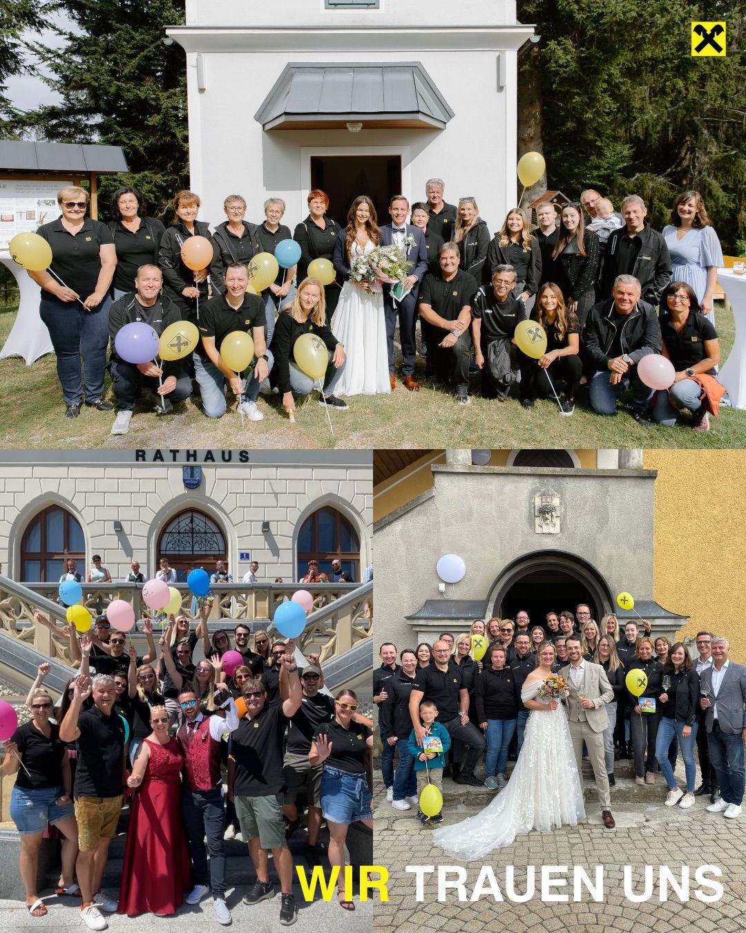 A group of people in matching black shirts pose for a photo, some holding balloons. The background features a building with the name Rathaus.