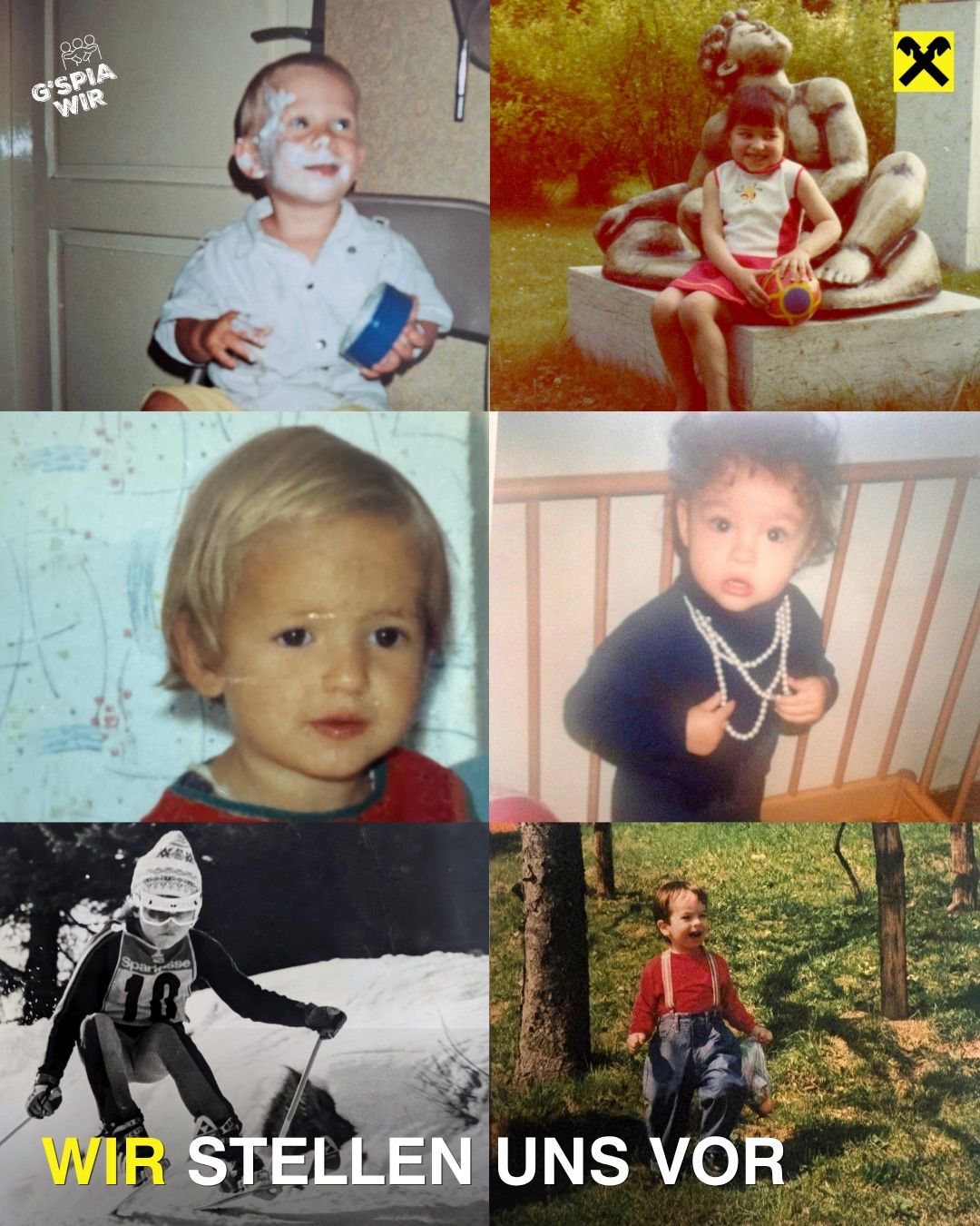 Collection of six childhood photos. First, a boy with shaving cream on his face. Second, a girl sitting on a statue. Third, a boy with short blonde hair. Fourth, a boy wearing pearl necklaces. Fifth, a skier with number 18. Sixth, a boy in suspenders on grass.