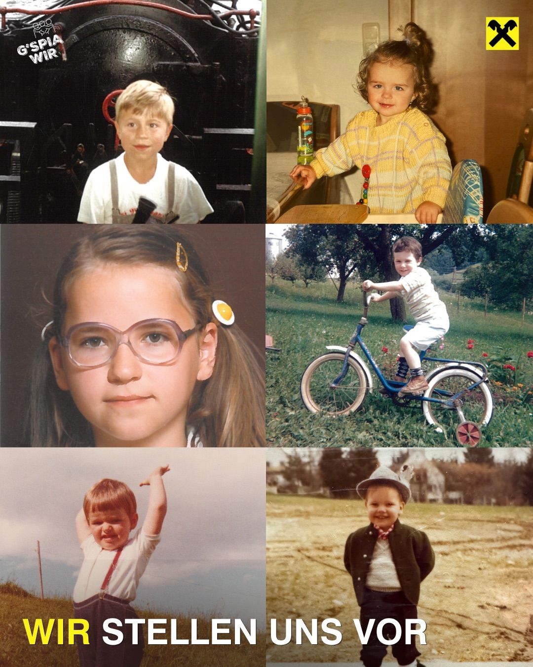 Eine Collage aus sechs Bildern mit Kindern bei verschiedenen Aktivitäten. Das erste zeigt einen Jungen, der in einer Fabrik steht. Das zweite zeigt ein Kleinkind, das ein Spielzeug hält. Das dritte ist ein Mädchen mit Brille. Das vierte zeigt einen Jungen, der Fahrrad fährt. Das fünfte zeigt einen Jungen, der winkt. Das sechste ist ein Kleinkind, das einen Hut trägt.