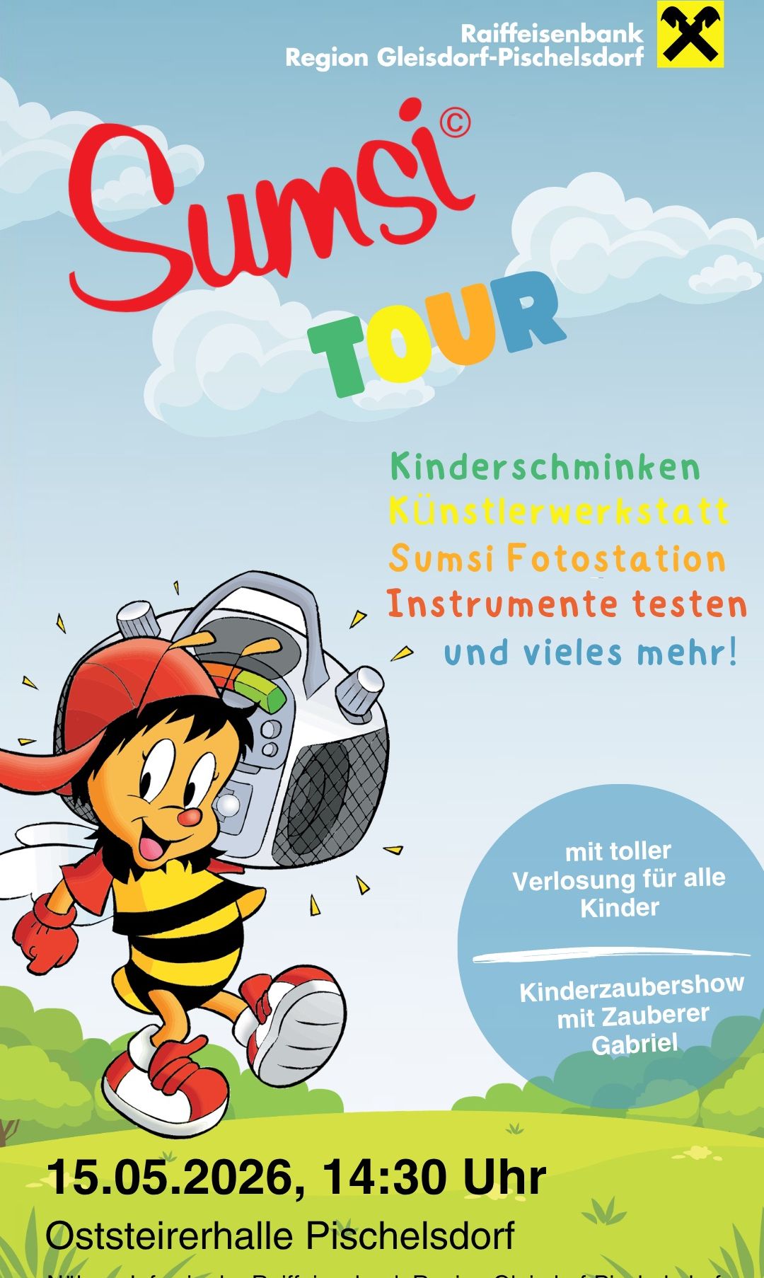Zeichentrickfigur mit Radio. Veranstaltungsposter mit Aktivitäten wie Kunstworkshops, Fotostationen und Instrumententest. Für Kinder geeignet.