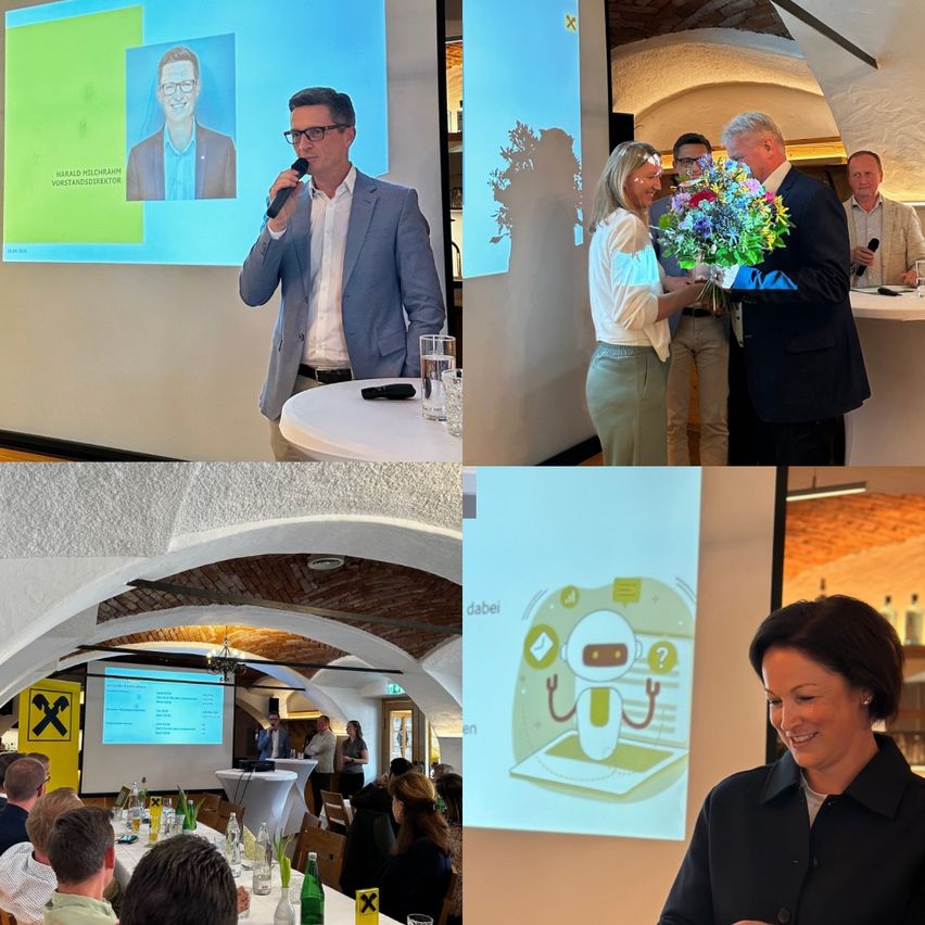 Eine Collage von Bildern zeigt einen Mann, der in ein Mikrofon spricht, eine Person, die Blumen empfängt, eine lächelnde Frau und eine Präsentationsfolie mit einem Roboter-Symbol.