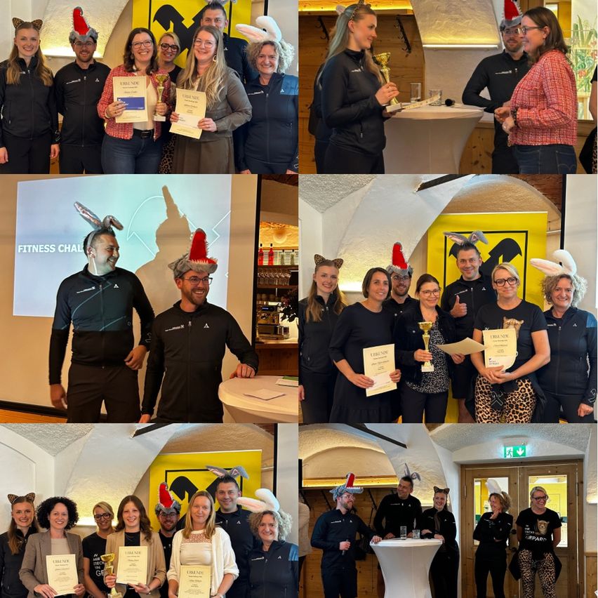 Eine Collage von Menschen mit Hasenohren und Gläsern, mit Urkunden und Trophäen. Einige posieren mit einer Projektionsleinwand mit der Aufschrift 'Fitness Chal'. Die Umgebung umfasst Holzwände, Regale und einen Tisch.