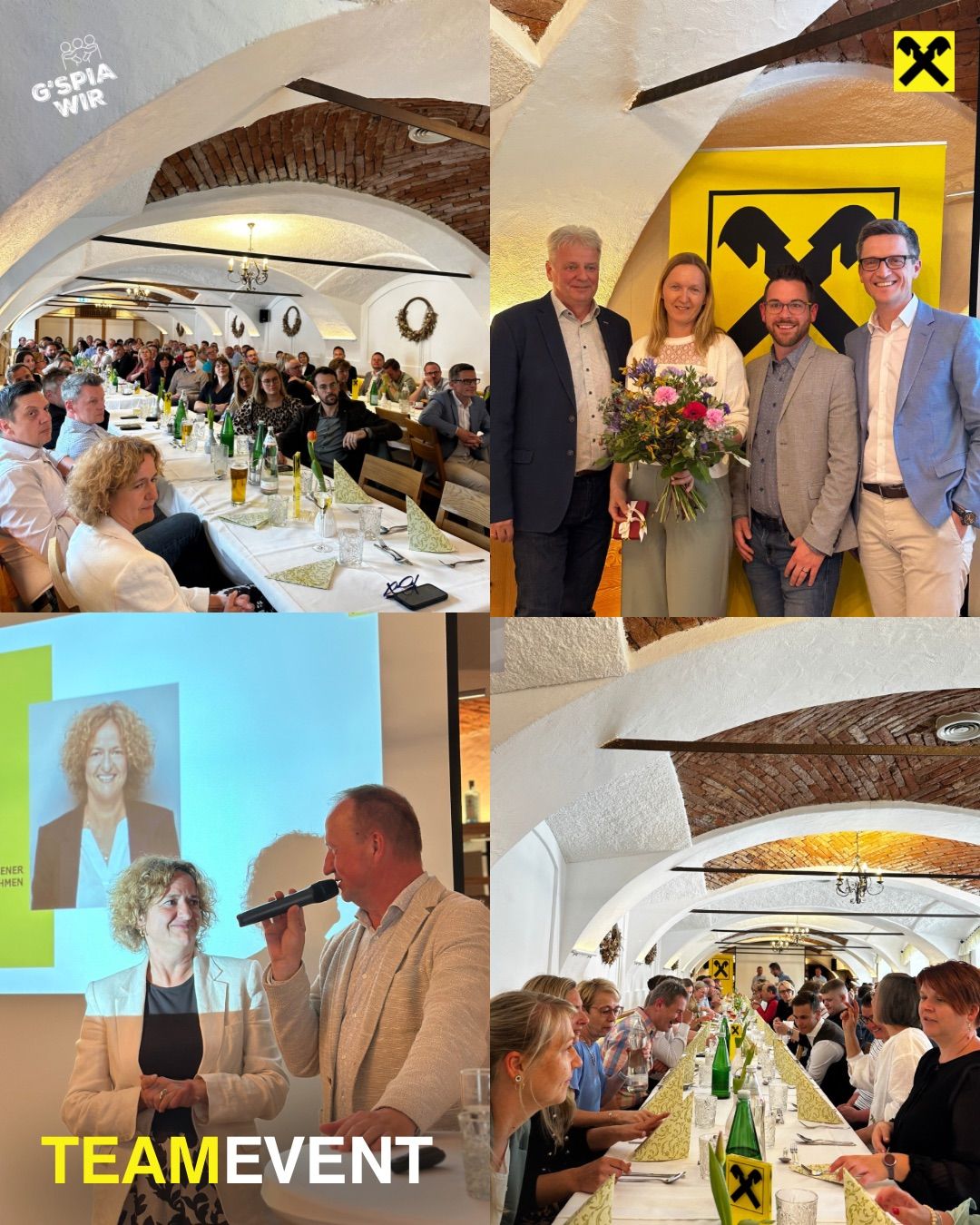 Eine Collage von Fotos, die Menschen bei einer Veranstaltung zeigen, mit einem Bild einer Frau, die in ein Mikrofon spricht, und einem anderen von einer Frau, die Blumen hält.