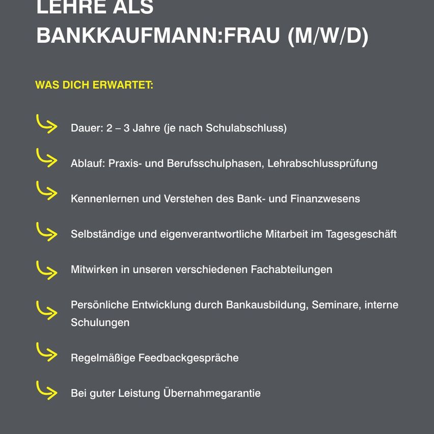 Eine Anzeige für eine Banklehre für Frauen, die einen 2-3-jährigen Ausbildungsplan mit Praxis- und Berufsschulphasen und einem abschließenden Examen beschreibt. Es beinhaltet selbstständige und verantwortungsvolle tägliche Arbeit, Teilnahme an verschiedenen Abteilungen, persönliche Entwicklung durch Bankausbildung, Seminare und interne Schulungen. Regelmäßige Feedbackgespräche sind garantiert, mit einer Übernahmegarantie bei guter Leistung.