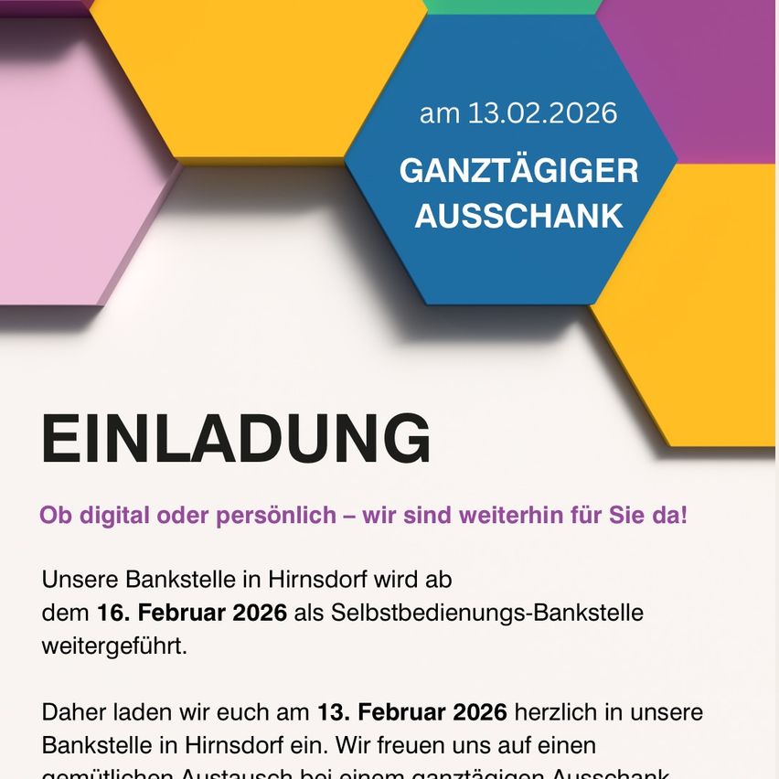 A poster for a full-day exchange event on February 13, 2026. It invites you to visit their self-service bank branch opening on February 16, 2026. They welcome you warmly.