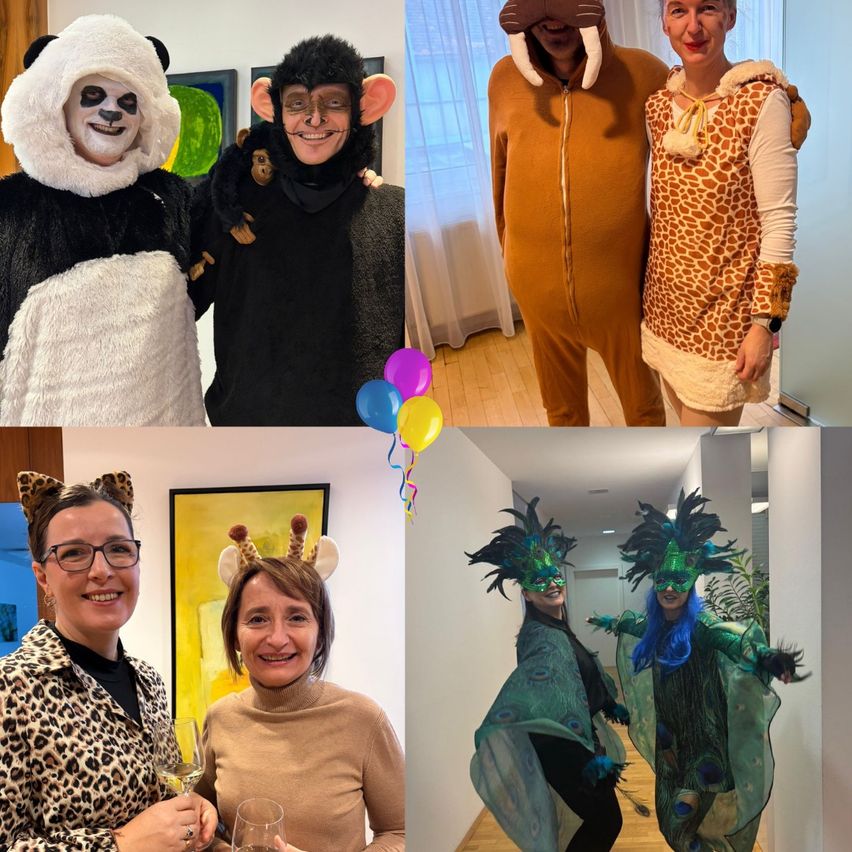 Eine Collage von Menschen in verschiedenen Tierkostümen, darunter ein Panda, ein Affe, eine Giraffe und Pfauen, wobei einer ein Glas Wein hält und der andere eine Brille trägt.