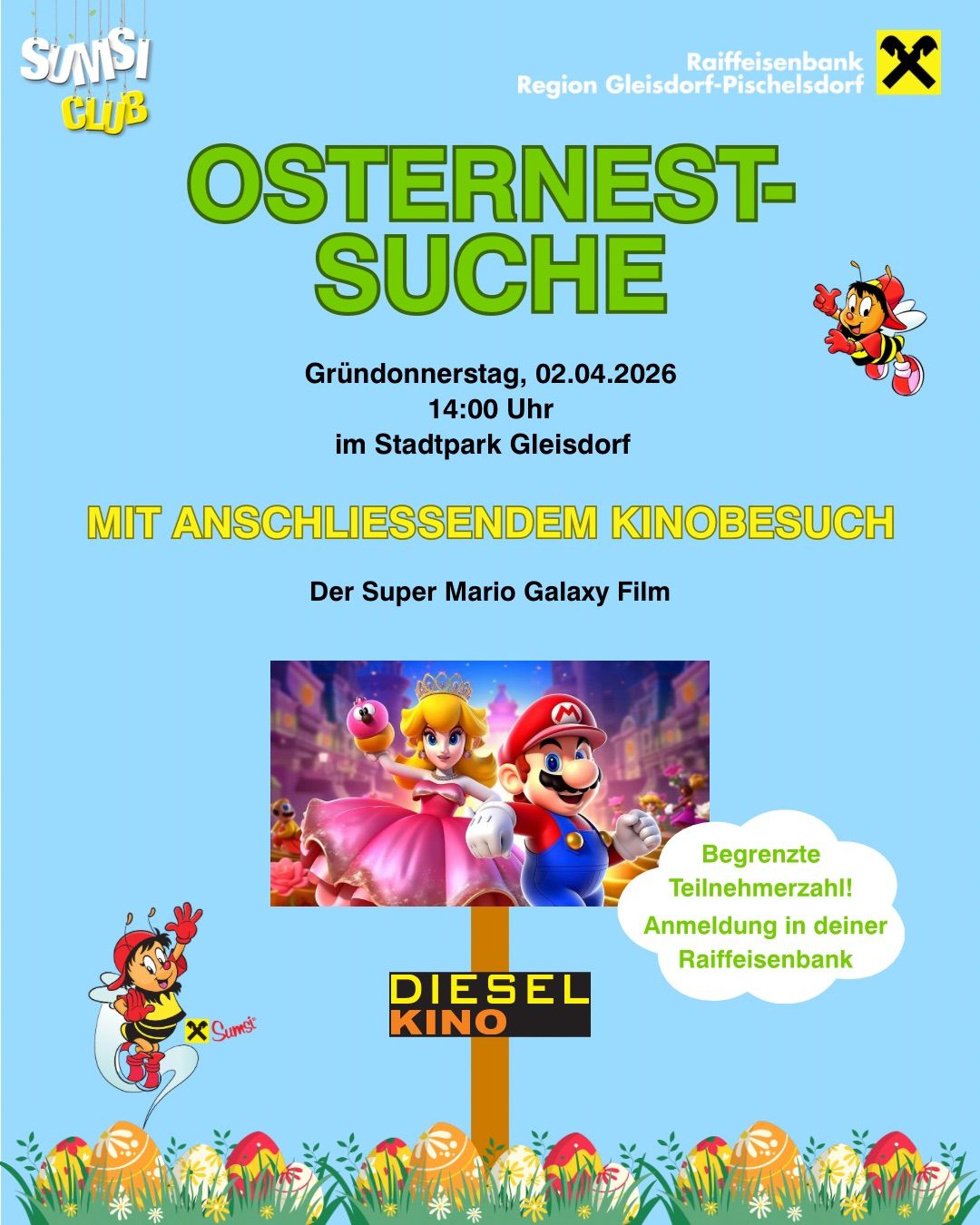 Ein Veranstaltungsplakat für die Osternestsuche am 2. April 2026 um 14 Uhr im Stadtpark Gleisdorf mit Charakteren aus Super Mario Galaxy.