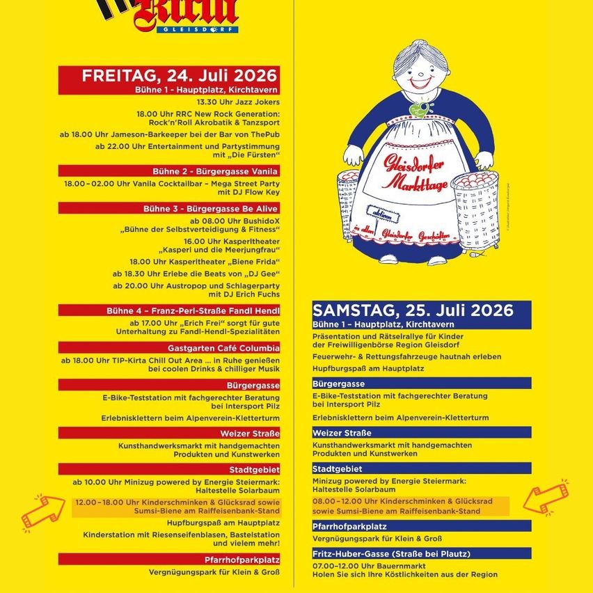 Ein gelbes Plakat bewirbt eine Reihe von Veranstaltungen am 24. und 25. Juli 2026 mit Musik, Cocktails und Familienaktivitäten. Das Plakat zeigt eine Karikatur einer Frau, die Körbe mit Obst hält.