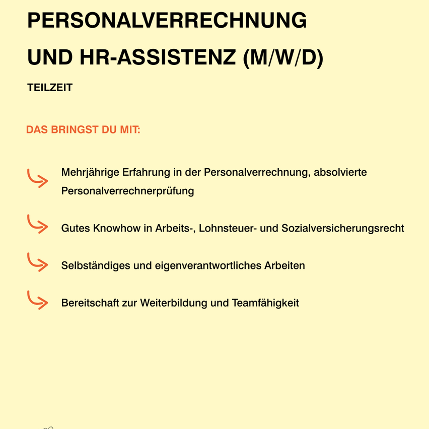 Eine Stellenausschreibung für Personalbuchhaltung und HR-Unterstützung. Es hebt Erfahrung, Expertise und selbstverantwortliches Arbeiten hervor.