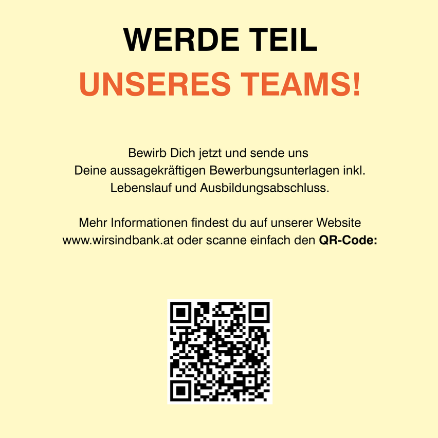 Ein Werbeposter für ein Team. Es steht 'WERDE TEIL UNSERES TEAMS!' und lädt Bewerber ein, ihre Bewerbungsunterlagen zu senden. Es enthält einen QR-Code für weitere Informationen.