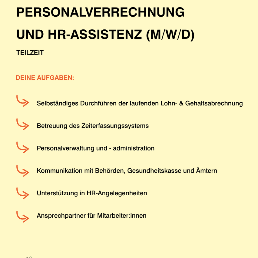 Ein Dokument mit dem Titel 'Personalrechnung und HR-Assistenz (M/W/D)' listet Aufgaben wie die Durchführung der Lohn- und Gehaltsabrechnung, die Verwaltung von Zeiterfassungssystemen und die Funktion als Ansprechpartner für Mitarbeiter auf.