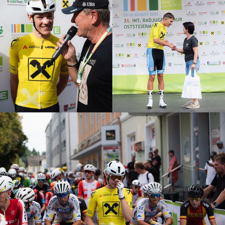 Ein Bildcollage von Radfahrern in verschiedenen Stadien eines Rennens. Das erste Bild zeigt einen Radfahrer, der interviewt wird. Das zweite Bild zeigt einen Radfahrer, der einer Frau die Hand schüttelt. Das dritte Bild zeigt einen Radfahrer, der mit anderen fährt.