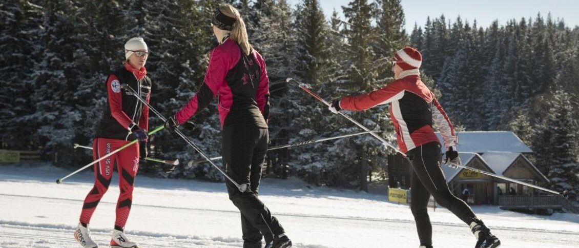 Drei Skifahrerinnen in roten und schwarzen Outfits steigen auf einem schneebedeckten Areal mit Tannen im Hintergrund.